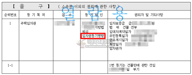 등기부등본 을구 등기원인(임차권등기명령)