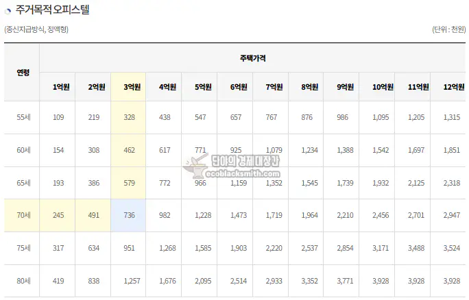 오피스텔의 주택연금 월 지급금 (2024년 기준)