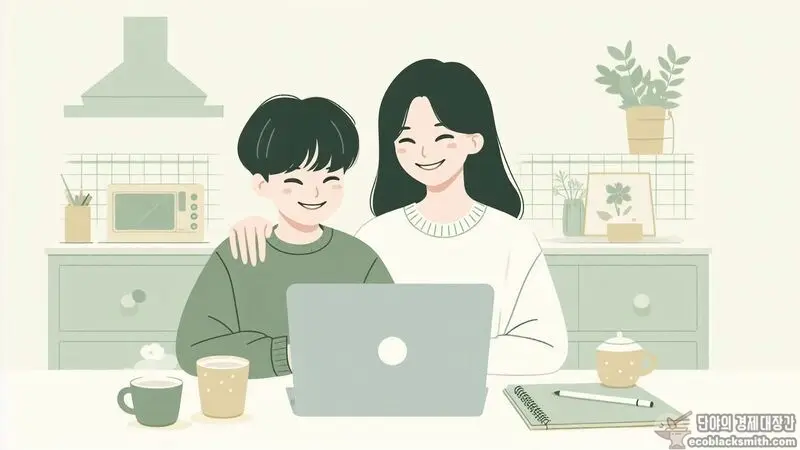 정보를 확인하고 안심하며 대화하는 부모와 자녀의 모습