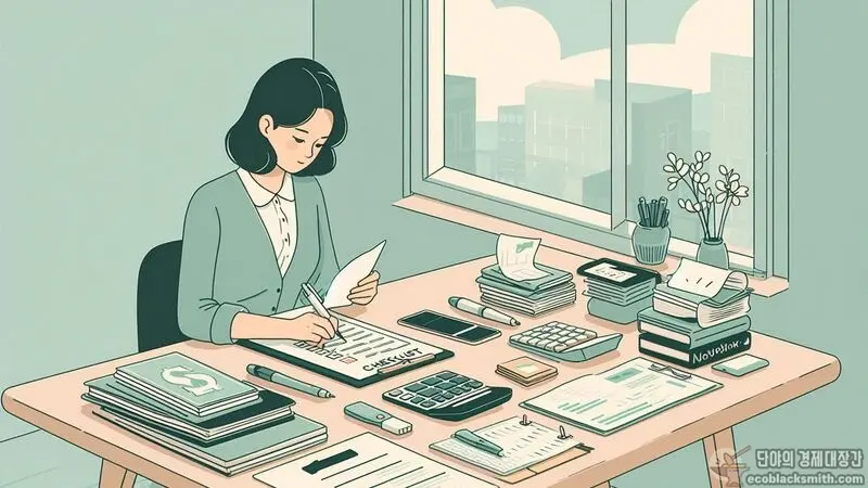기초생활수급자 관련 서류를 체계적으로 정리하며 검토하는 모습