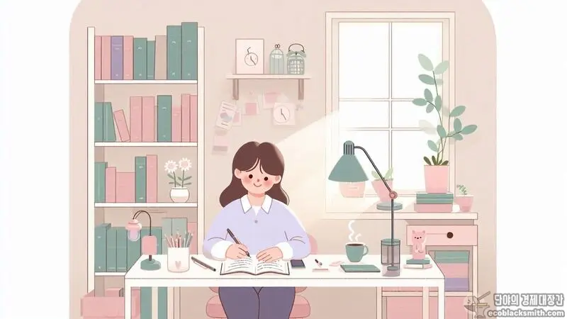 자취방에서 미래를 계획하며 공부하는 대학생의 희망찬 모습