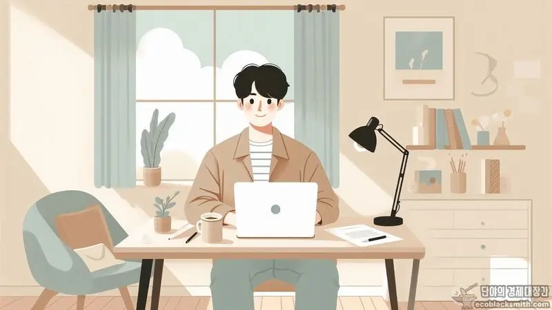 1인가구 청년이 집에서 주거급여 소득기준을 확인하며 안도하는 모습