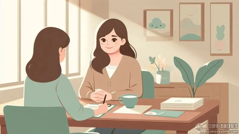 주민센터에서 기초생활수급자 근로능력 관련 상담받는 따뜻한 장면