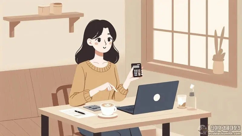 카페에서 계산기로 부정수급 신고 포상금을 계산하는 여성