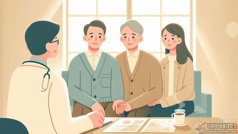 병원 상담실에서 의료비 지원 제도에 대해 설명 듣고 안도하는 부부