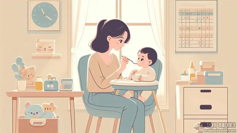 한부모가족이 아이를 돌보며 양육비 걱정하는 일상적인 육아 장면