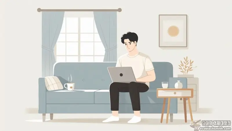 집에서 노트북으로 부정수급 온라인 신고를 하는 남성