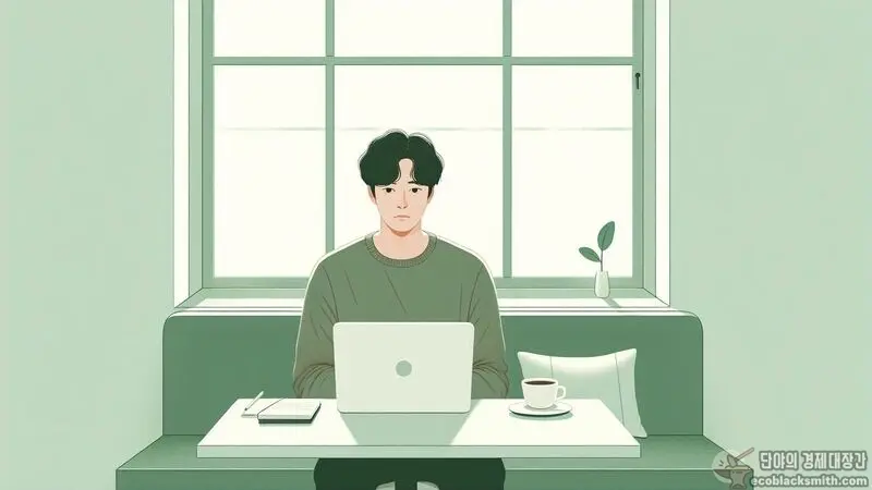 카페에서 노트북으로 소득 관련 정보를 차분하게 확인하는 모습