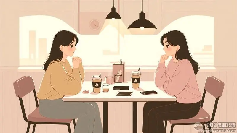 서로 다른 연령대의 사람들이 카페에서 주거급여 공제 혜택에 대해 이야기하는 장면