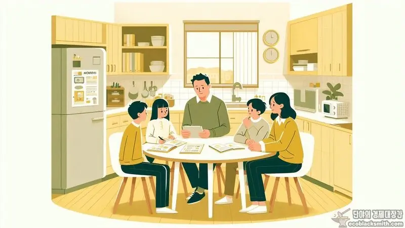 30만원 한도 가전지원을 위해 가족이 함께 구매 계획을 세우는 모습