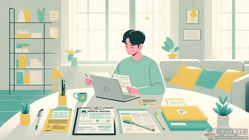 기초생활수급자 신청을 위한 필요 서류들을 체계적으로 정리하는 모습