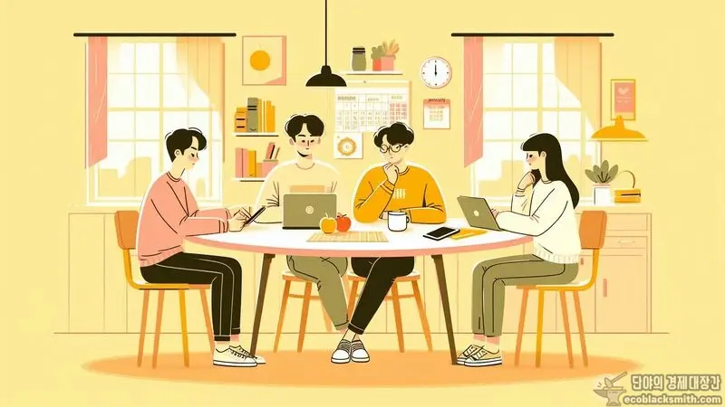 식탁에서 가족이 함께 수급자 자동차 보유 계획을 세우는 화목한 모습