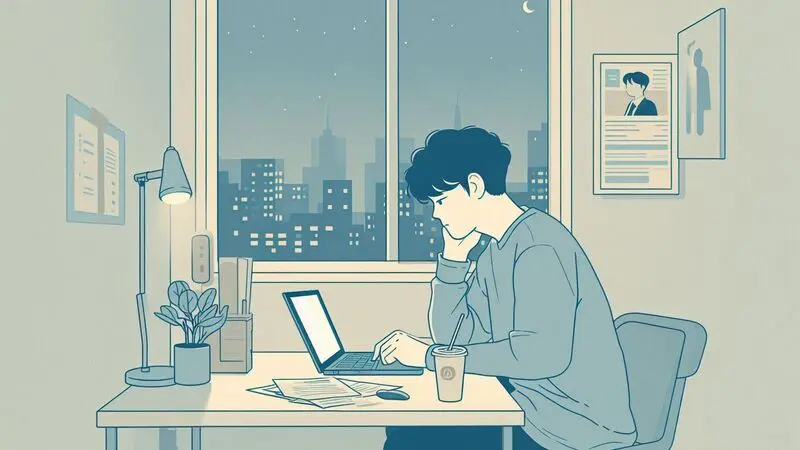 컵라면과 구직서류가 놓인 테이블 앞에서 고민하는 청년의 모습