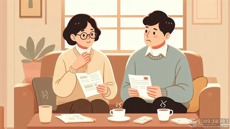 기초연금 신청 후 예상보다 적은 금액에 당황하는 노부부의 모습