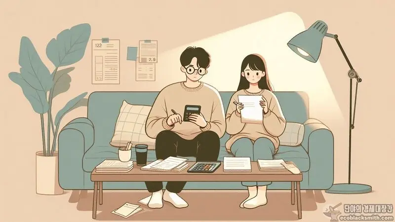 차상위계층 소득기준을 확인하며 가계부를 검토하는 가족