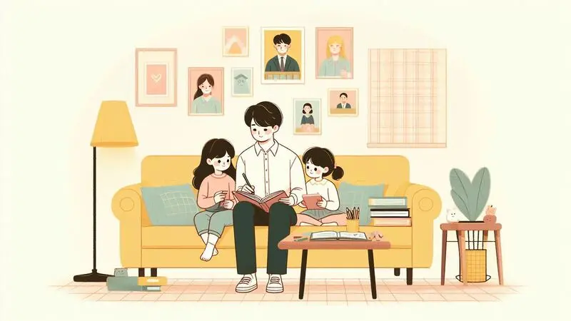거실에서 여동생들 숙제를 도와주는 소년가장의 일상