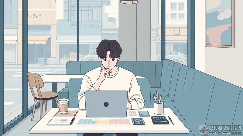 재산 소득환산 계산을 위해 집중하여 정리하는 모습