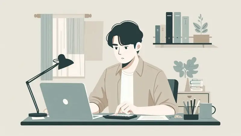 전세보증금 재산계산 과정을 꼼꼼히 확인하는 남성의 집중하는 모습