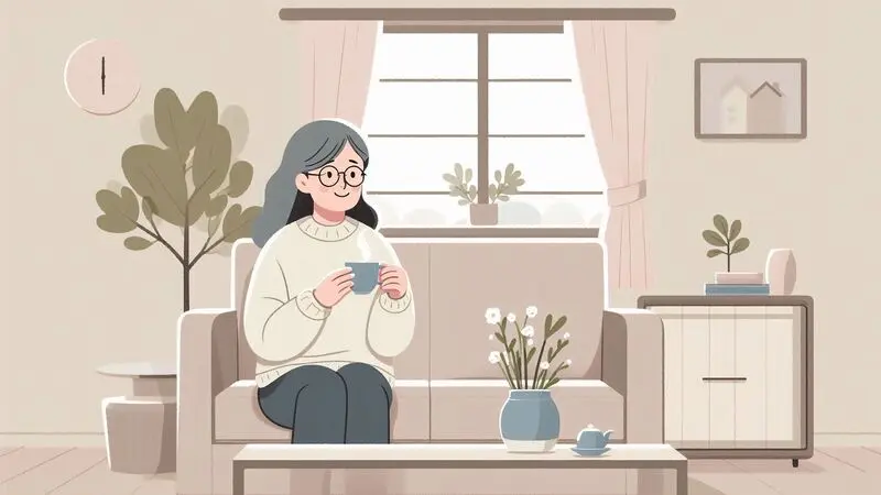 깔끔한 집에서 차를 마시며 안정된 노후생활을 즐기는 65세 여성의 평온한 일상