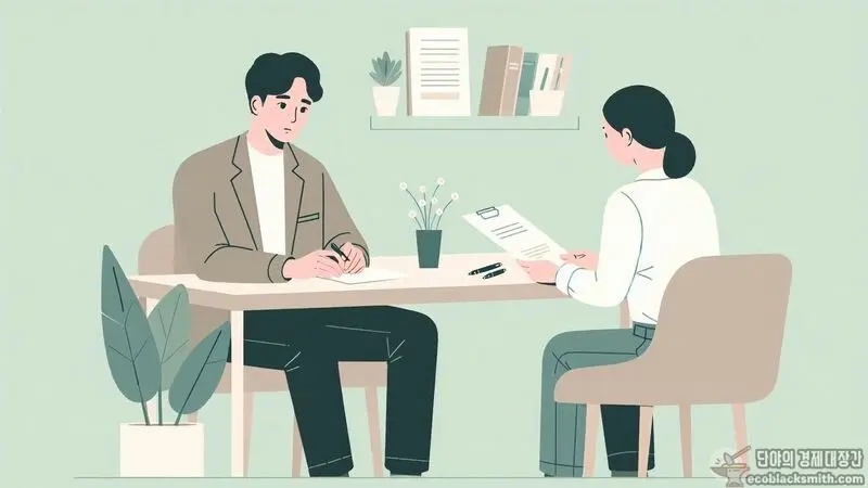 주거급여 신청을 위해 필요한 서류와 조건을 상담받는 장면