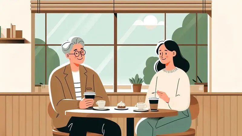경제적 안정을 찾은 65세 부부가 카페에서 여유롭게 커피를 마시는 행복한 모습