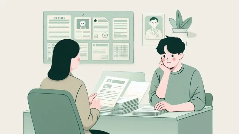 복지 상담실에서 여러 서류를 검토하며 고민하는 청년