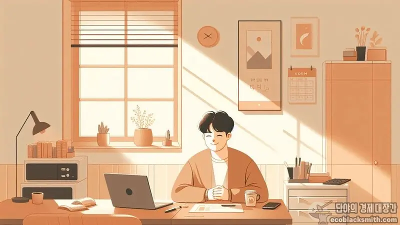 원룸에서 안도감을 느끼는 청년의 모습으로 새로운 생계급여 혜택 대상자를 표현