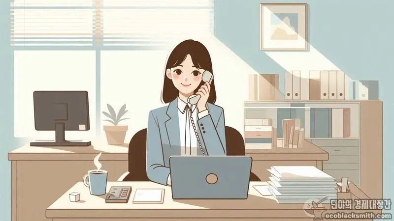 복지 담당자가 수급자와 전화 상담하는 일상적인 사무실 풍경
