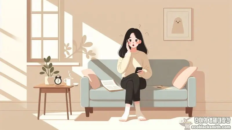 전화 통화 중 놀란 표정의 여성, 주거급여 중지 상황을 표현
