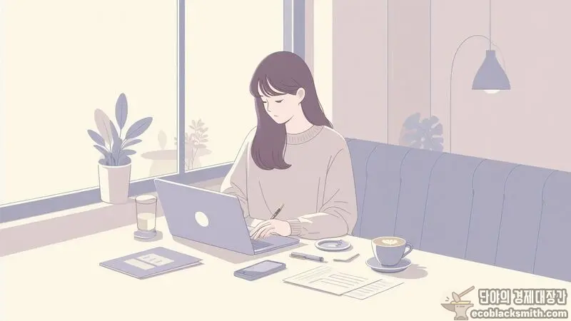 카페에서 차분하게 서류를 준비하는 모습으로 체계적인 신청 준비 과정을 표현