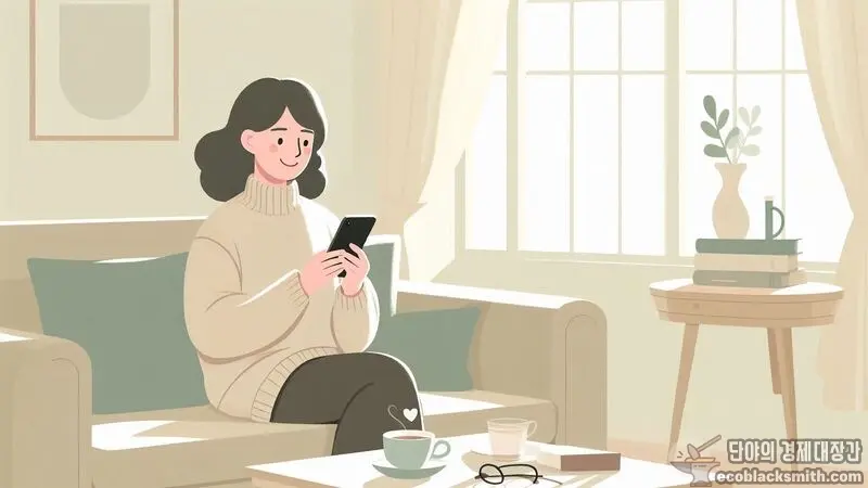 거실에서 스마트폰으로 어르신 스포츠 상품권 정보를 확인하는 모습