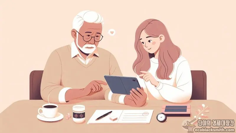 자녀가 65세 이상 부모님의 스포츠 바우처 신청을 도와드리는 장면
