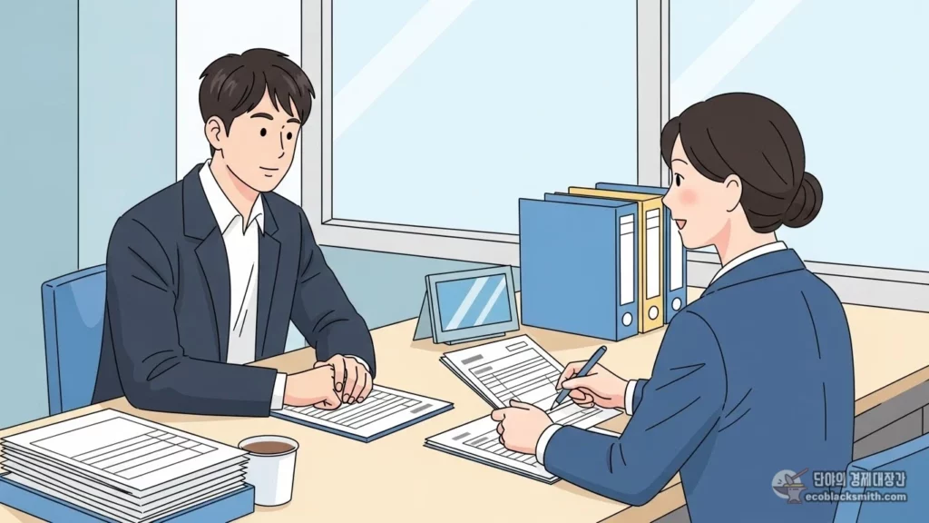 주민센터에서 생계급여 신청 상담을 받는 30대 청년