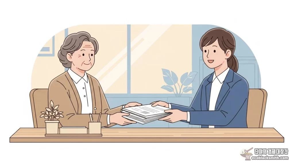 주민센터에서 세부 산정 내역서를 요청하는 장면 일러스트