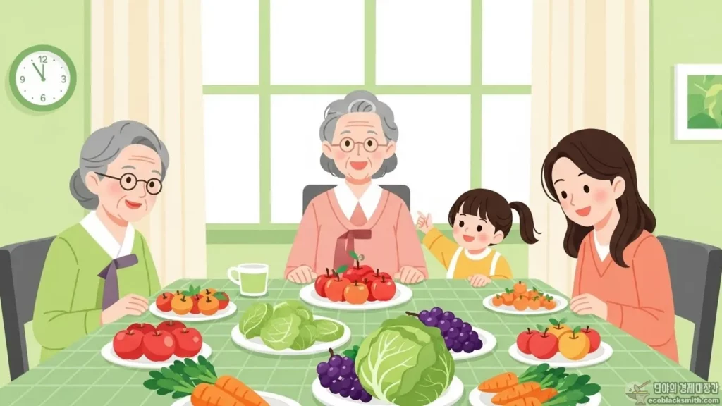 신선한 과일과 채소가 놓인 식탁에서 행복하게 식사하는 3세대 가족 일러스트