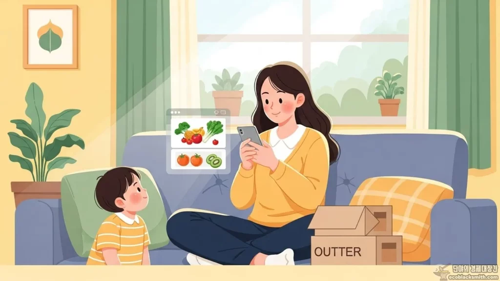 집에서 스마트폰으로 농식품바우처 온라인몰에서 주문하는 엄마와 아이 일러스트