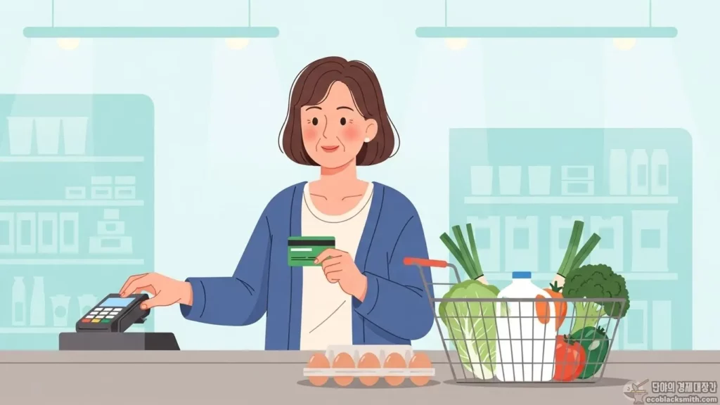 농식품바우처 카드로 마트에서 신선식품을 결제하는 모습 일러스트