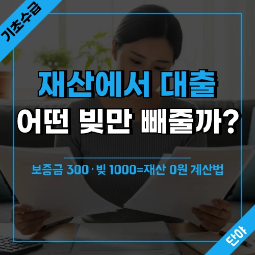 복지 서류를 검토하며 재산과 부채 계산에 대해 고민하는 한국인 여성의 모습