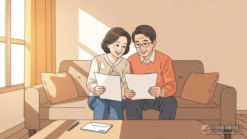 거실에서 서류를 살펴보는 중년 부부 일러스트