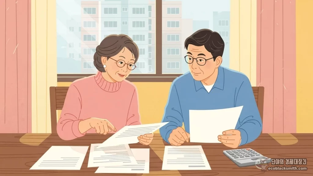 보험 서류를 보며 걱정하는 중년 여성의 모습