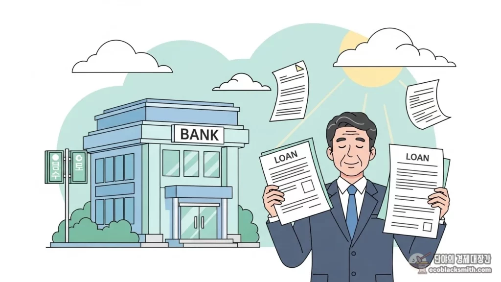 제도권 금융기관에서 대출을 받는 한국인의 모습을 표현한 일러스트