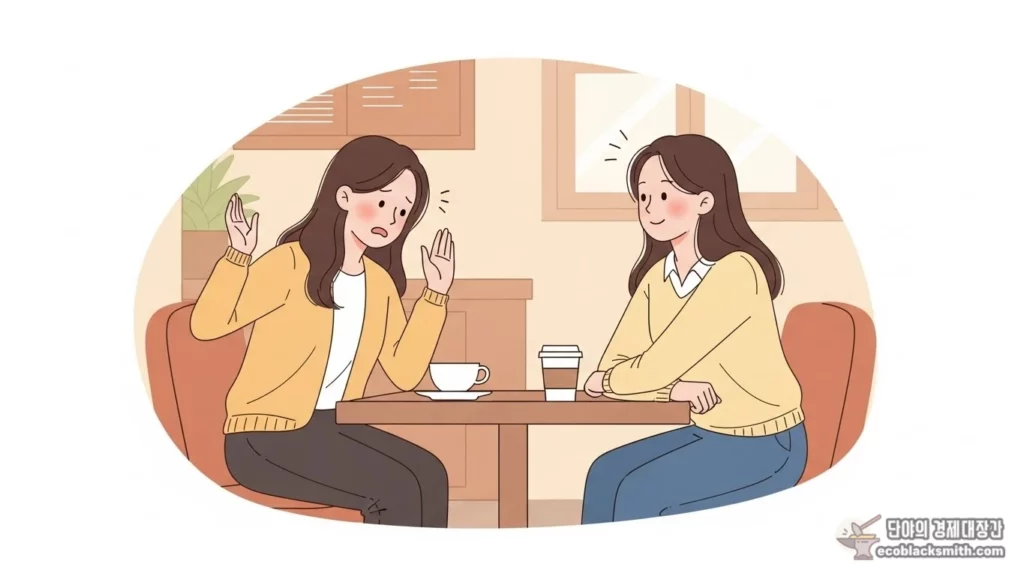 개인 간 빚에 대해 대화하는 두 한국인 여성의 모습을 담은 일러스트