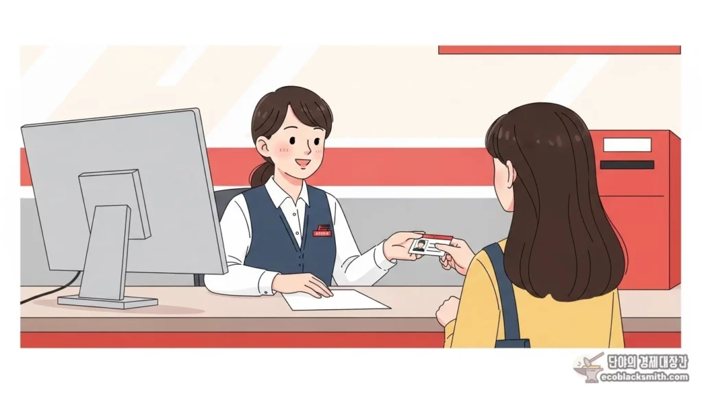 우체국 창구에서 보험 가입 상담받는 여성 일러스트