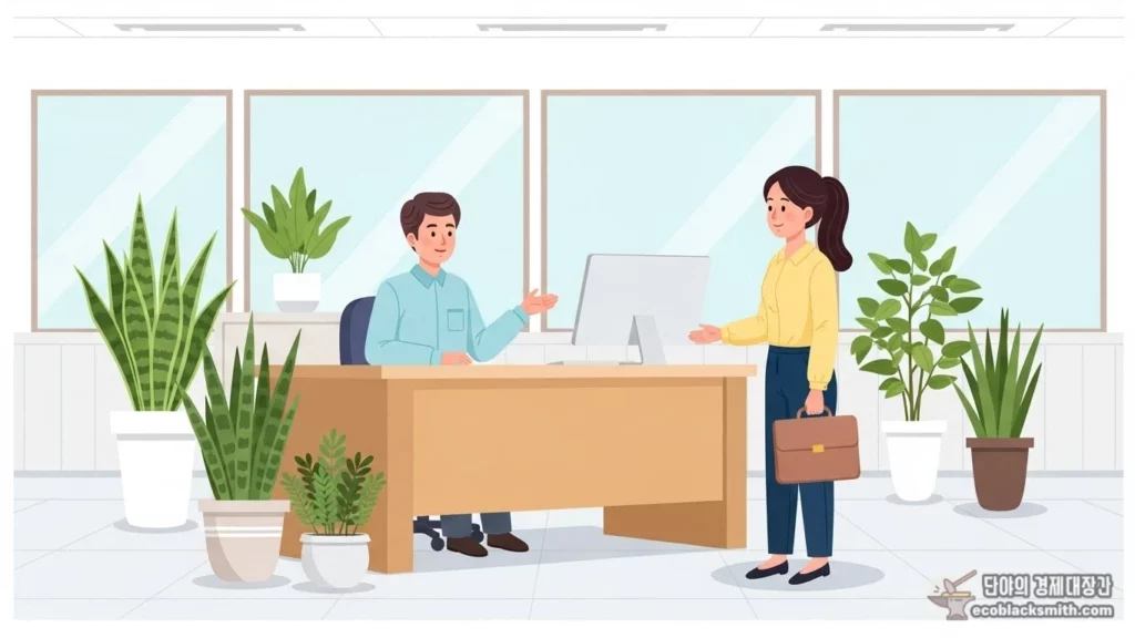 주민센터에서 복지 상담을 받는 여성 일러스트