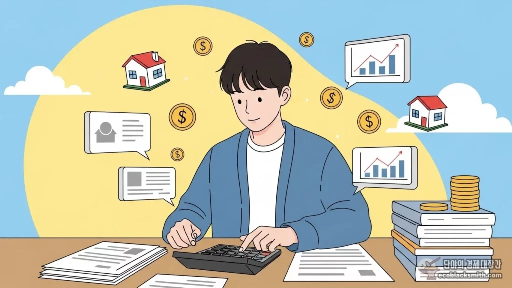 재산과 부채를 계산하는 한국 청년의 모습을 표현한 일러스트