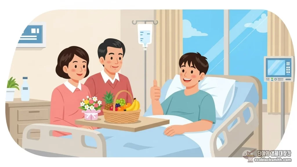 병원에서 가족과 함께 회복 중인 청년 일러스트
