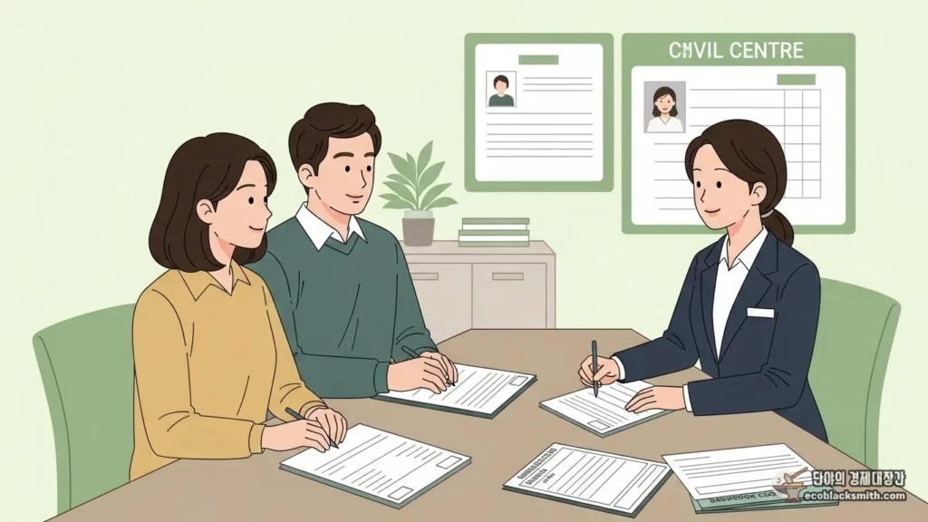 주민센터에서 희망저축계좌 신청 상담을 받는 부부