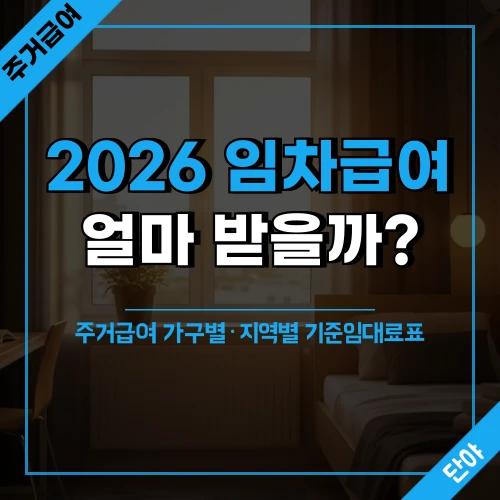 햇살이 들어오는 아늑한 원룸 배경 위에 '2026 임차급여 얼마 받을까?' 문구와 서울 1인 최대 369,000원 지원 정보가 표시된 주거급여 안내 섬네일