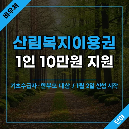 햇살이 비치는 푸른 숲속 산책로 배경에 '산림복지이용권 1인 10만원 지원, 1월 2일 신청 시작' 문구가 표시된 섬네일