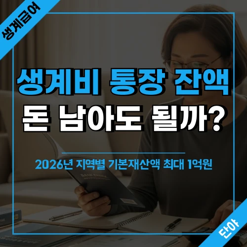 생계비 통장 잔액 고민하는 중년 여성이 거실에서 통장과 계산기로 재산을 확인하는 모습, 화면에 '생계비 통장 돈 남아도 될까? 2026년 지역별 기본재산액 최대 1억원' 텍스트 오버레이